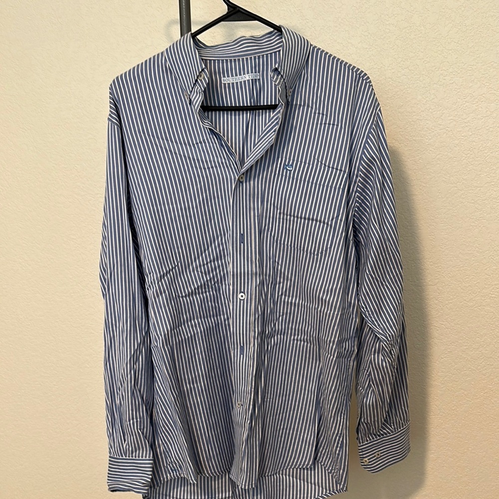 Southern Tide Navy and White Striped Button Down Shirt